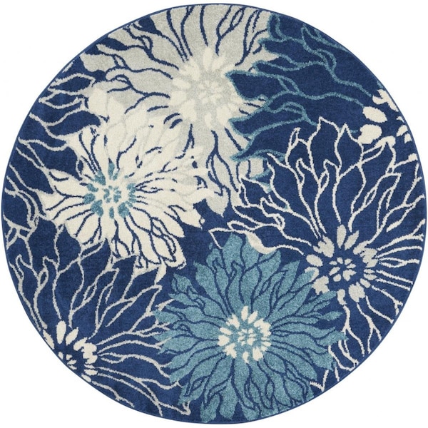 Palacedesigns 4 ft. Round Navy & Ivory Floral Area Rug PA3665997 - main